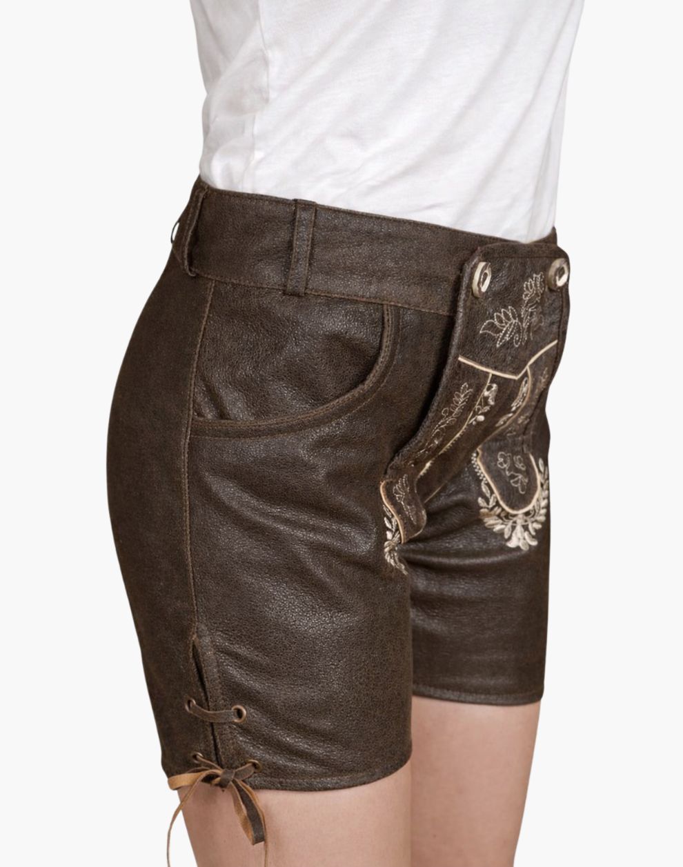 Brown shorts with lace-up sides and embroidery on a white background