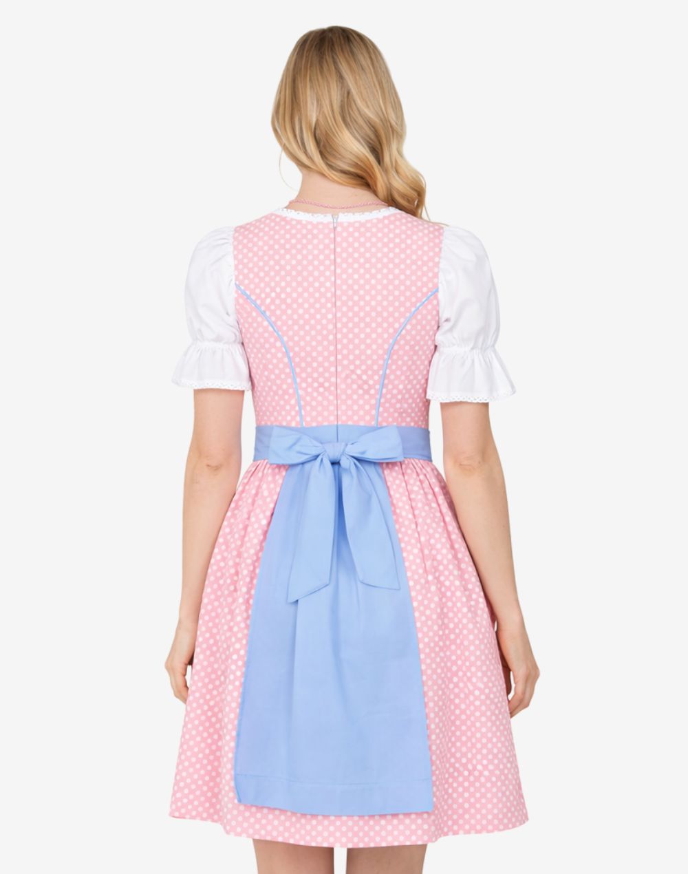 Back view of pastel blue Bavarian dirndl dress worn by model showing apron bow tie, fitted bodice and traditional structure