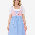 Front view of pastel blue women Bavarian dirndl dress worn by model featuring polka dot bodice, apron bow and classic fit
