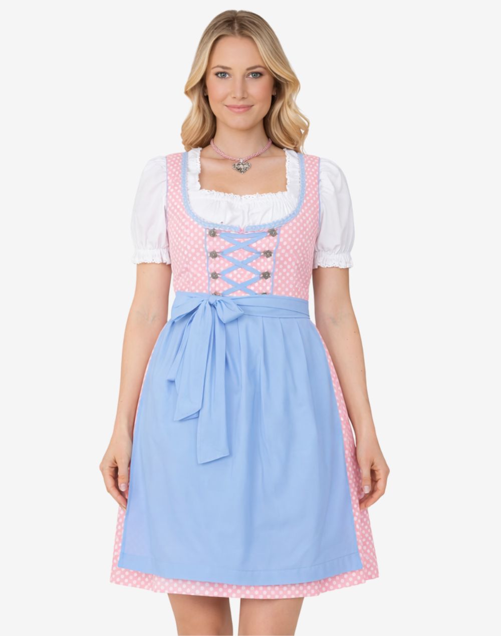 Front view of pastel blue women Bavarian dirndl dress worn by model featuring polka dot bodice, apron bow and classic fit