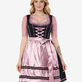 Front view of pink satin women Bavarian dirndl dress featuring lace sleeves, corset bodice and elegant traditional Oktoberfest design