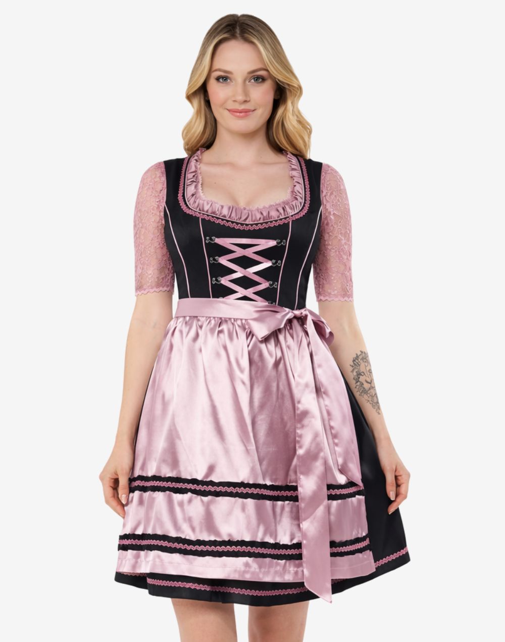 Front view of pink satin women Bavarian dirndl dress featuring lace sleeves, corset bodice and elegant traditional Oktoberfest design