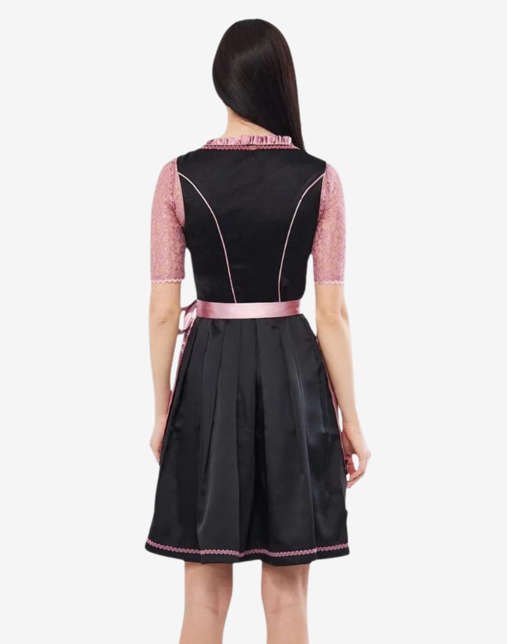 Back view of pink satin Bavarian dirndl dress showing fitted bodice, pleated skirt and satin ribbon waist detail traditional fit