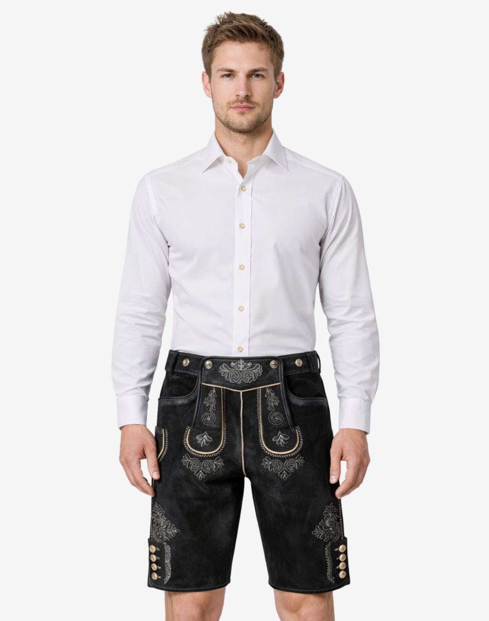 Model wearing premium alpine lederhosen for men in black leather with traditional Bavarian embroidery and belt