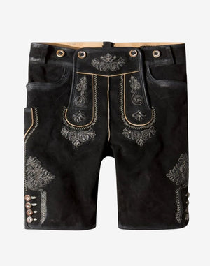 Premium Alpine Lederhosen for Men black suede with silver embroidery front flap trim button cuffs and suspenders