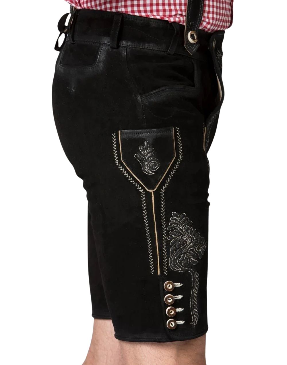 Alpine Lederhosen Premium Men shows side pocket piping silver embroidery panel and buttoned leg cuff