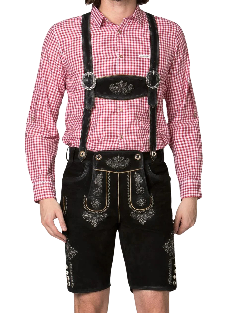 Black alpine lederhosen with suspenders on model shows traditional bib strap hardware and silver embroidery accents
