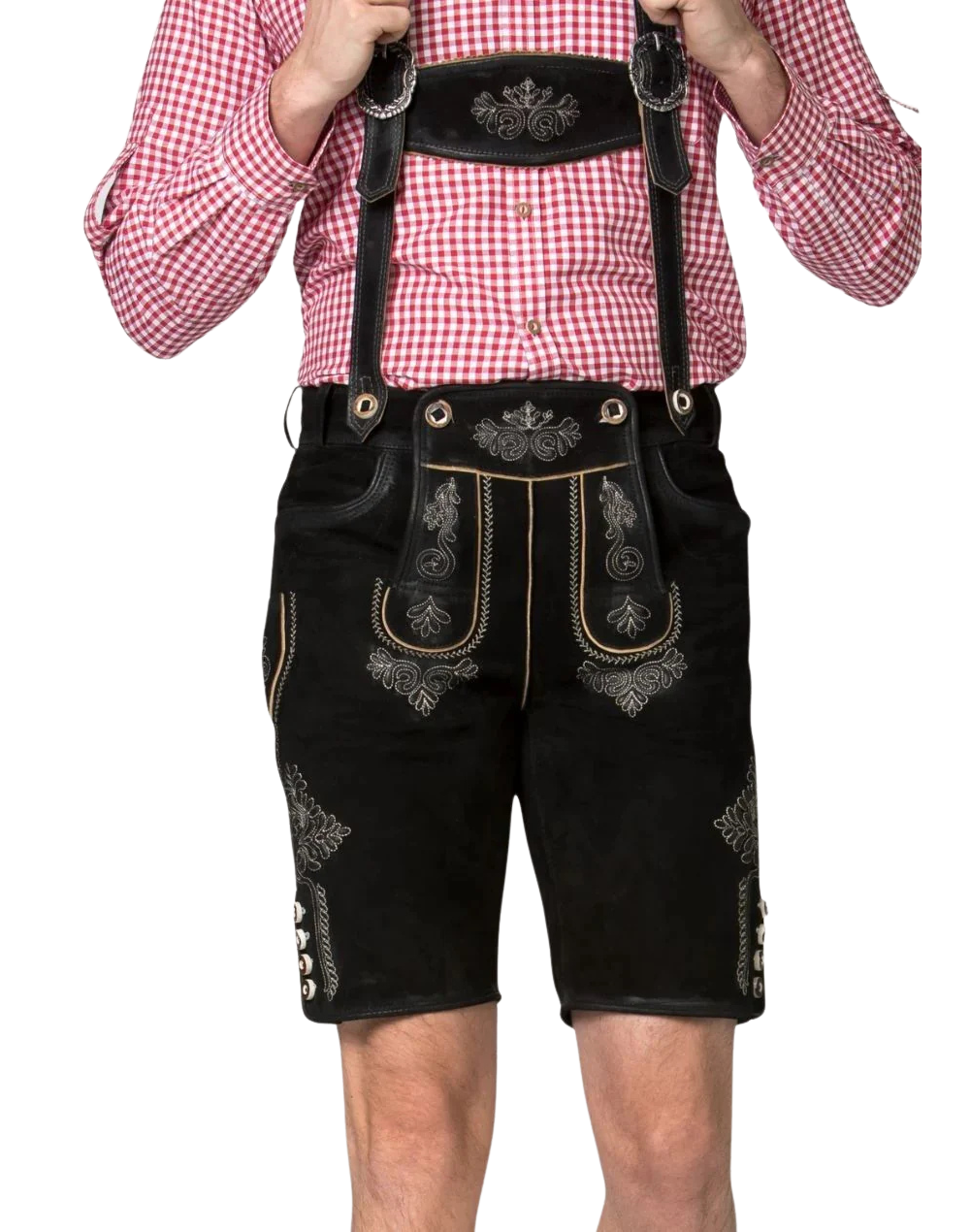 Suspenders detail on premium alpine lederhosen shows embossed bib plate metal rings and textured leather straps