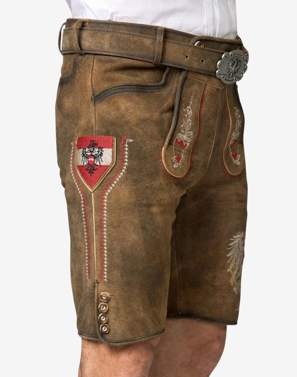 Bavarian Premium Lederhosen Men side view with stitched pocket badge, red accents, metal buckle and buttons
