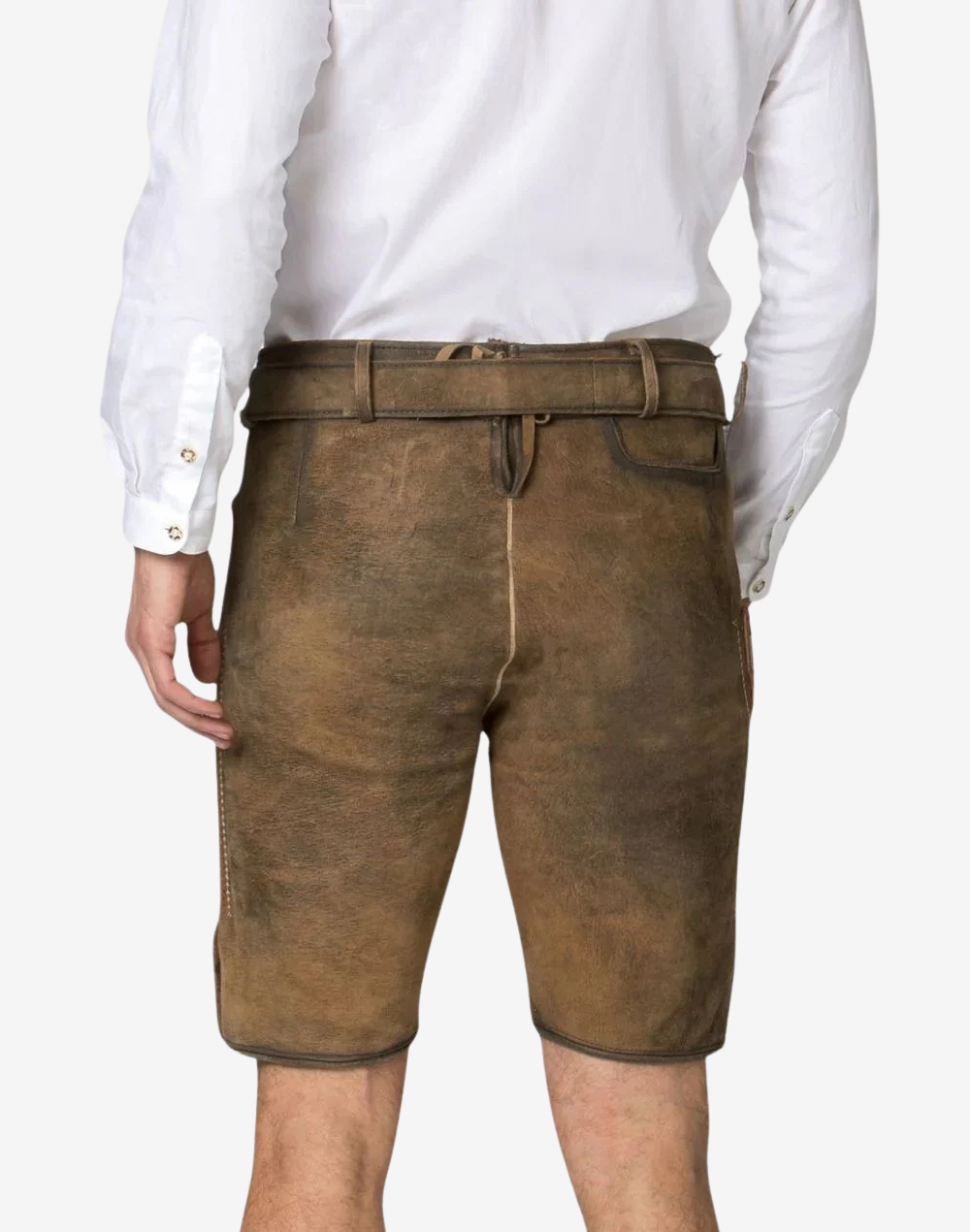 Back view of brown suede shorts with belt and clean rear panel, Premium Bavarian Lederhosen Men