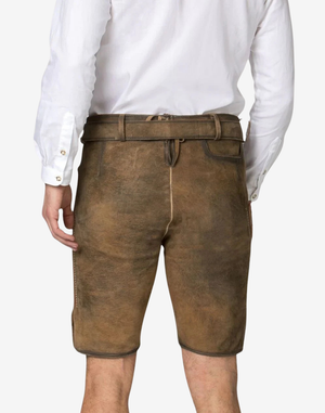 Back view of brown suede shorts with belt and clean rear panel, Premium Bavarian Lederhosen Men