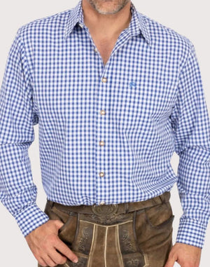 Model wearing premium Bavarian shirt for men displaying blue check design, button closure and authentic Oktoberfest styling