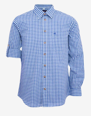 Front view of premium Bavarian shirt for men in blue check pattern featuring button front, classic collar and traditional fit
