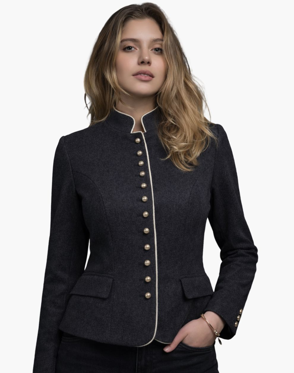 Woman wearing a premium Bavarian Trachten jacket in dark charcoal grey with contrast piping, decorative buttons, and a fitted traditional design, against a white background.