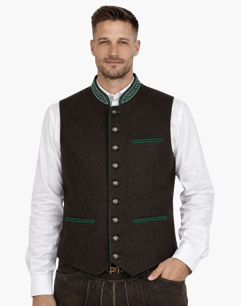 Man wearing a brown vest with green accents and a white shirt on a white background