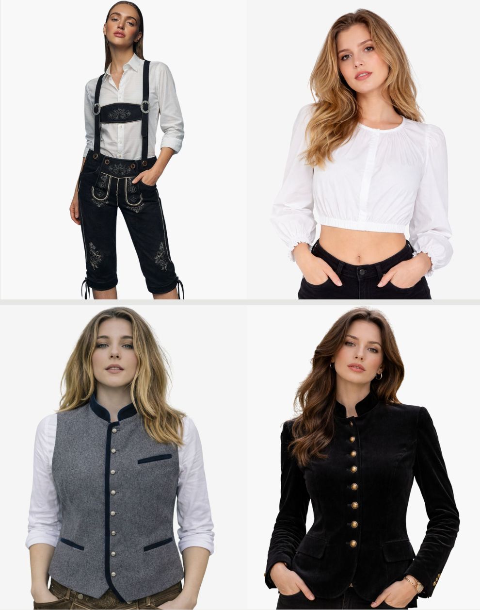 Four images of a woman wearing different outfits on a white background