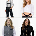 Four images of a woman wearing different outfits on a white background
