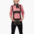 Woman wearing a traditional Bavarian outfit with a red checkered shirt and black bundhosen on a white background.