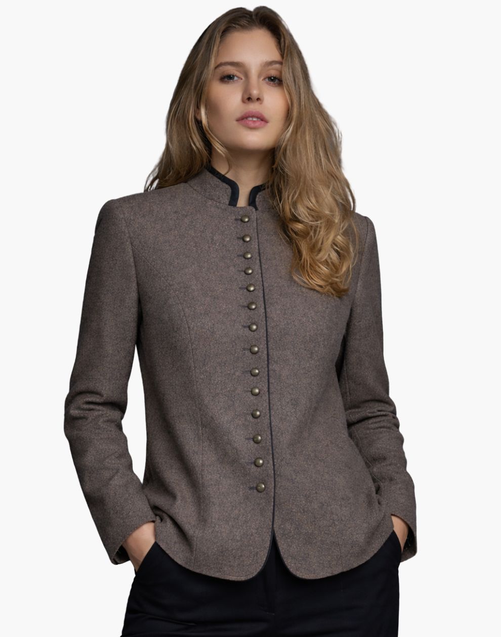 Woman wearing a brown blazer with button details on a white background