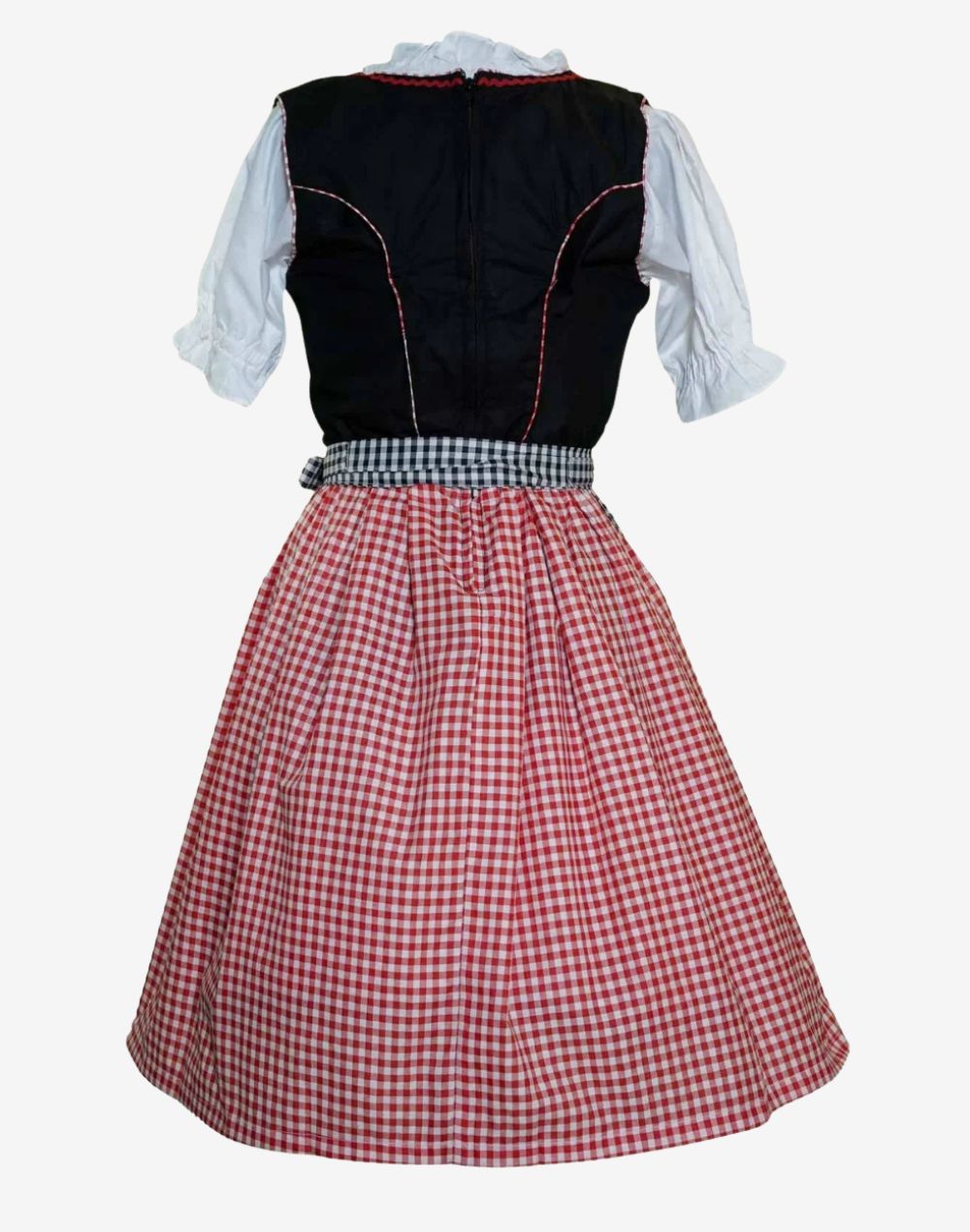 Back view of premium dirndl dress showing fitted bodice, zip closure, check skirt and authentic Bavarian traditional style