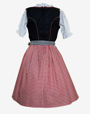 Back view of premium dirndl dress showing fitted bodice, zip closure, check skirt and authentic Bavarian traditional style