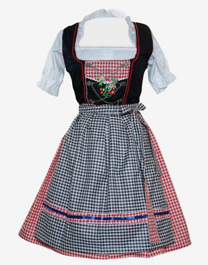 premium dirndl dress featuring black bodice, floral embroidery, check apron and traditional Bavarian design