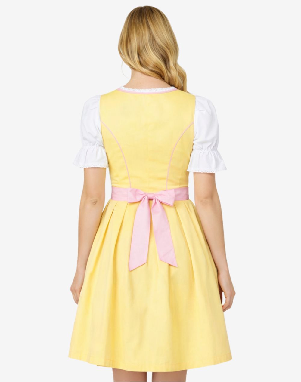 Back view of model wearing premium German dirndl dress featuring pleated skirt, apron tie and traditional structure