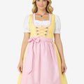 Full front view of model wearing premium German dirndl dress with lace trim, corset bodice and elegant Bavarian fit