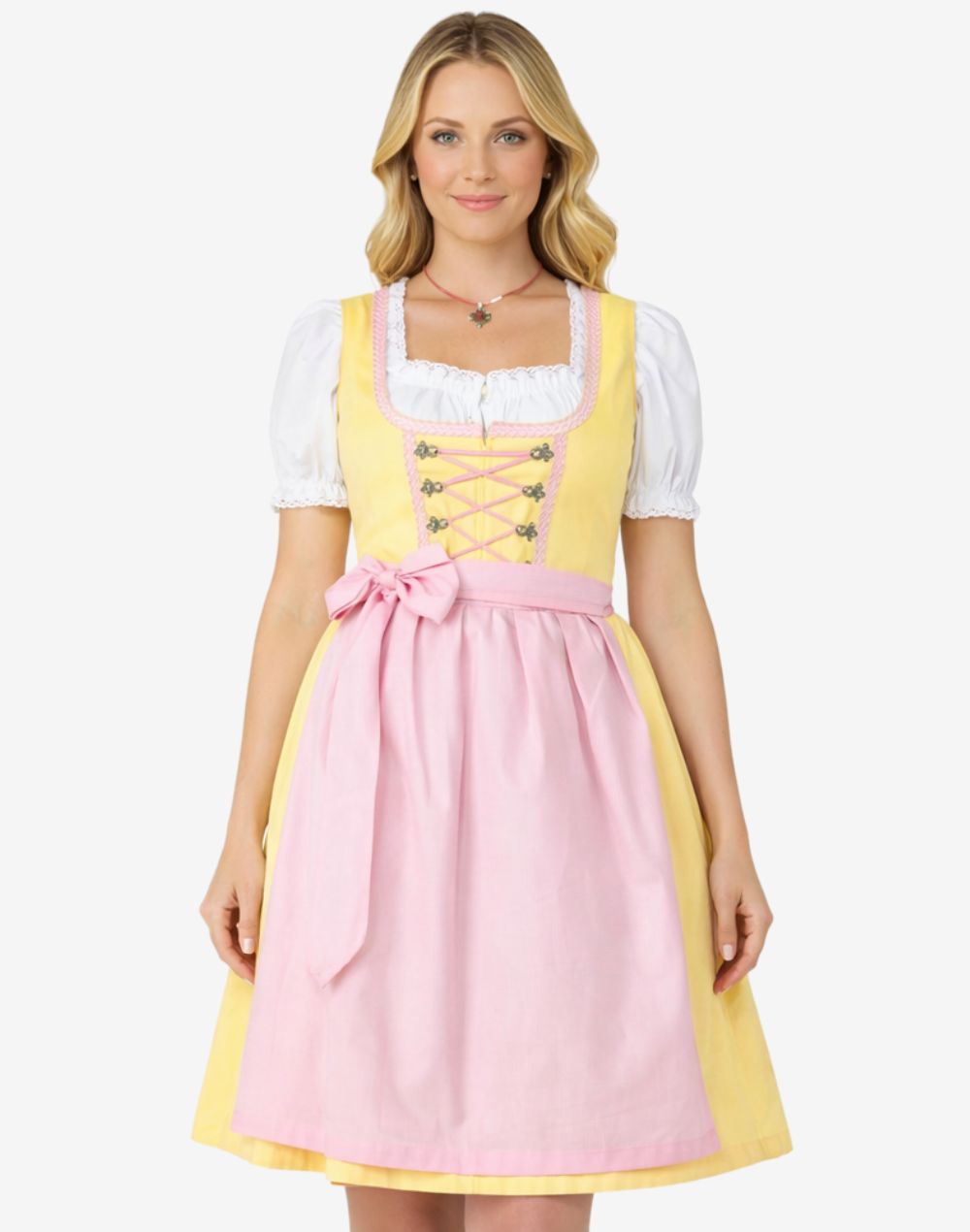 Full front view of model wearing premium German dirndl dress with lace trim, corset bodice and elegant Bavarian fit