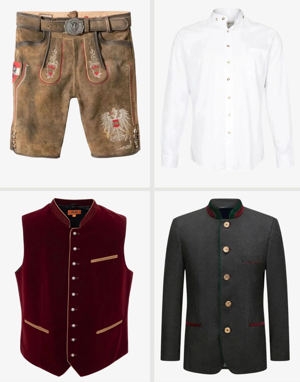 Traditional German clothing items including shorts, shirt, vest, and coat on a white background.