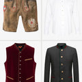 Men's Tan Lederhosen Set with Red Velvet Vest Accents