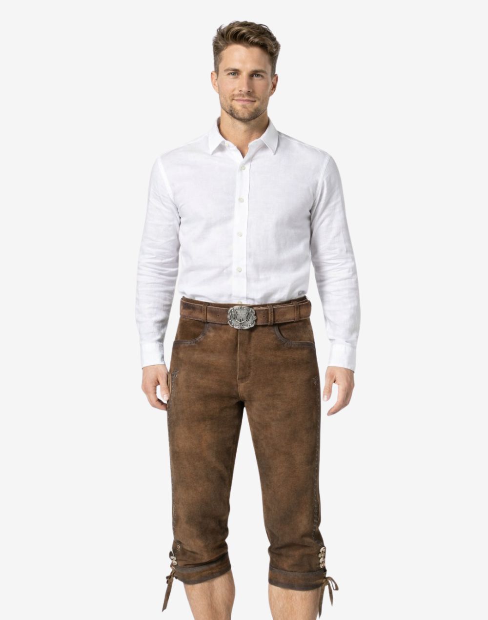Front view of model wearing Premium Leather Bundhosen for Men in rustic brown with traditional Bavarian knee ties and Oktoberfest belt buckle