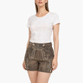 Woman wearing a white t-shirt and brown shorts on a white background