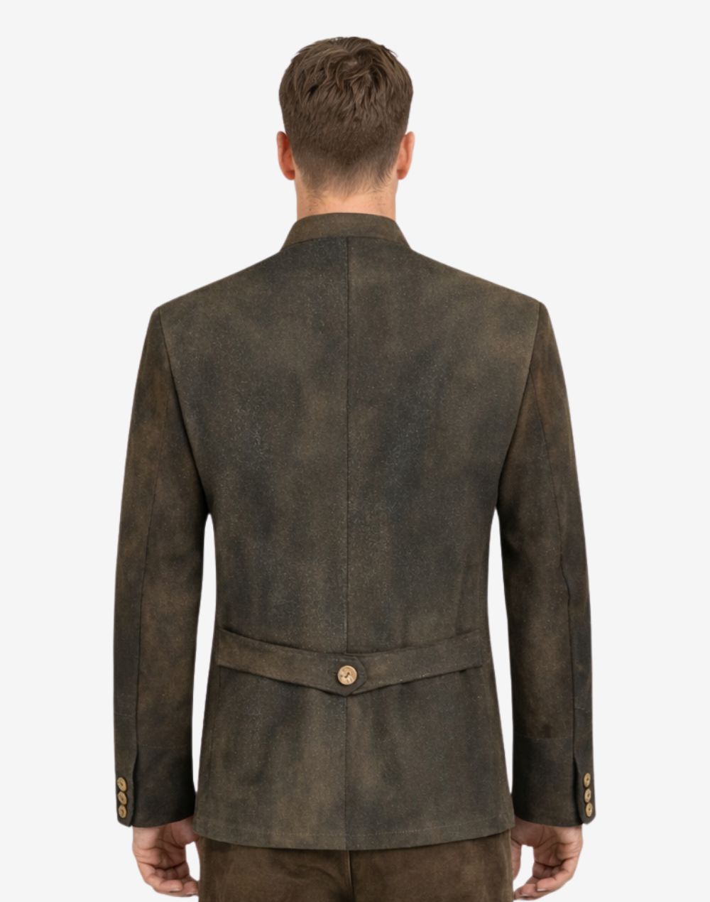 Back view of model wearing Premium Leather Trachten Jacket for Men featuring tailored alpine fit and adjustable back strap