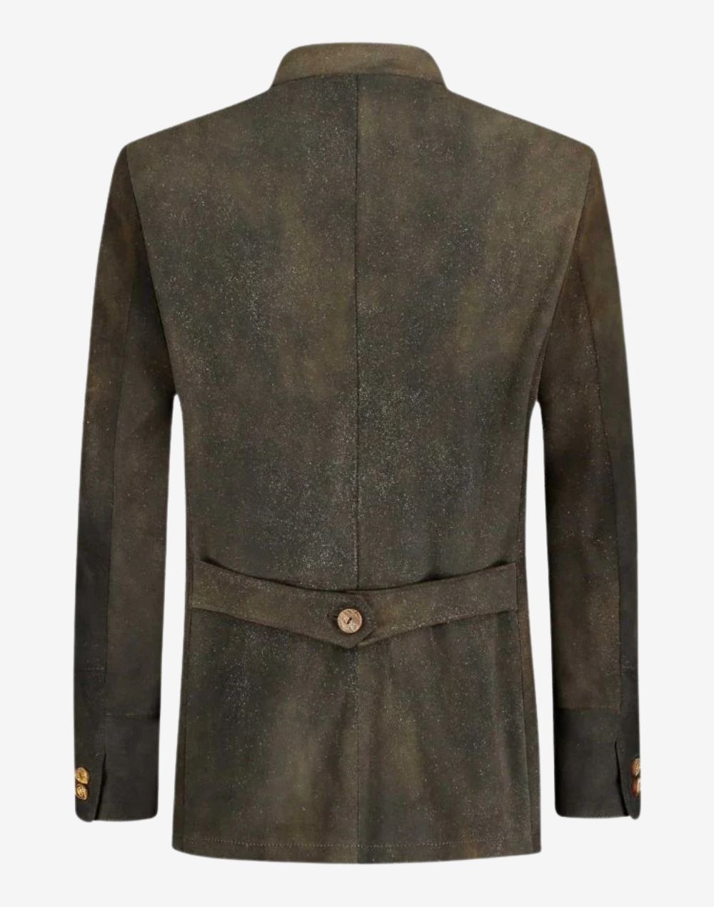 Back view of premium leather trachten jacket for men showing tailored fit, rear belt detail and authentic Bavarian heritage design