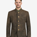 Front view of model wearing Premium Leather Trachten Jacket for Men in rustic brown with Bavarian stand collar and horn buttons