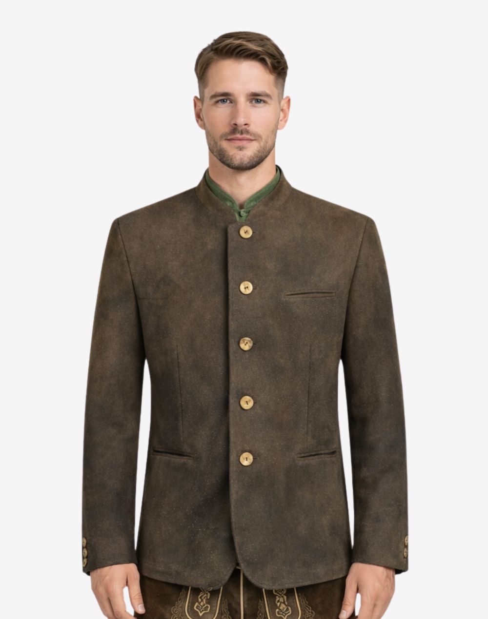 Front view of model wearing Premium Leather Trachten Jacket for Men in rustic brown with Bavarian stand collar and horn buttons