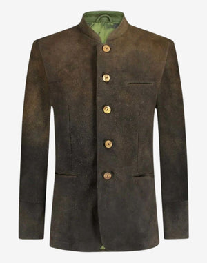 premium leather trachten jacket for men featuring traditional stand collar, button front closure and classic Bavarian styling