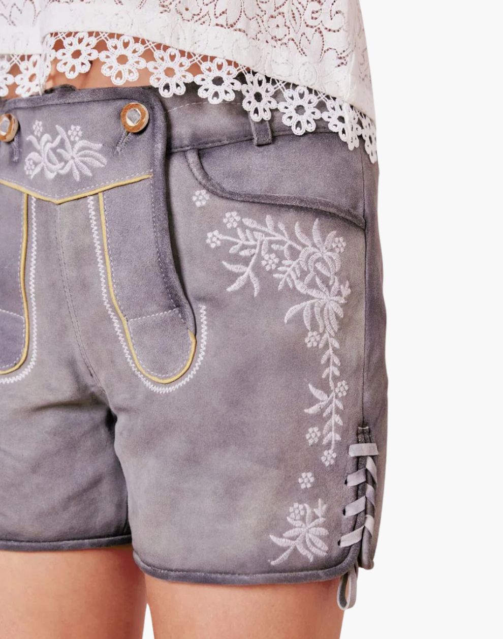 Gray shorts with floral embroidery on a white background