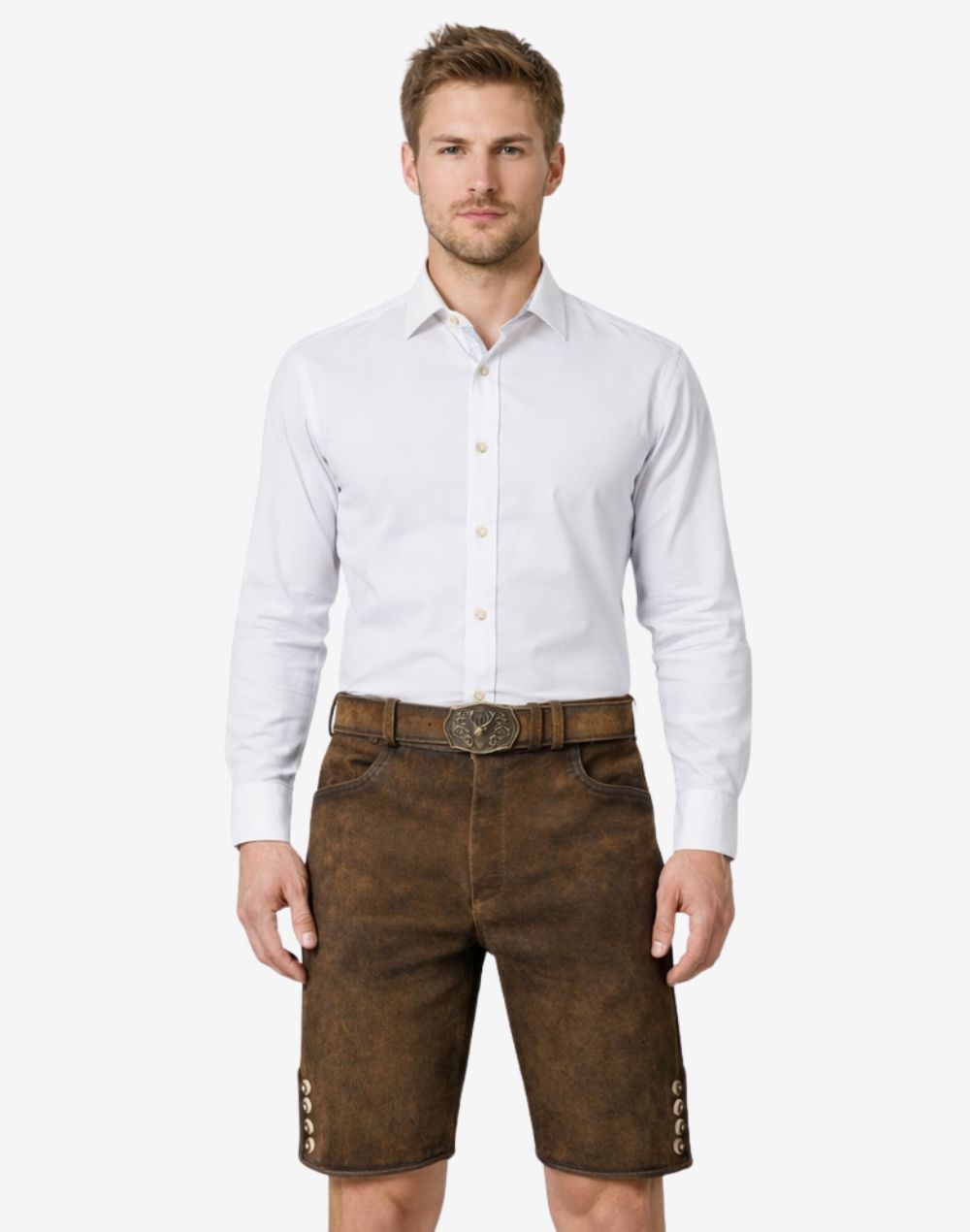 Model wearing premium mens Oktoberfest lederhosen in brown leather with Bavarian embroidery and traditional belt buckle for festival attire