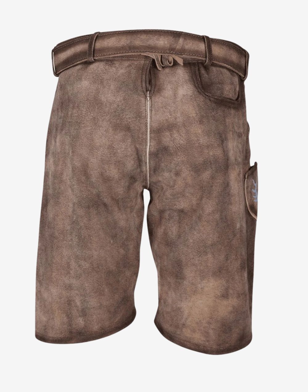 High-quality men’s lederhosen shorts designed for Oktoberfest with embroidered floral patterns, side buttons, and an engraved buckle