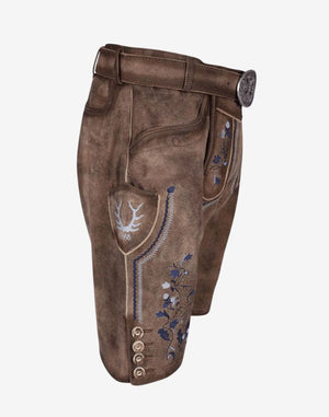 Traditional Bavarian lederhosen for men crafted in brown suede with ornate embroidery, front pockets, and a classic leather belt