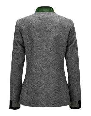 Gray blazer with green collar on a white background