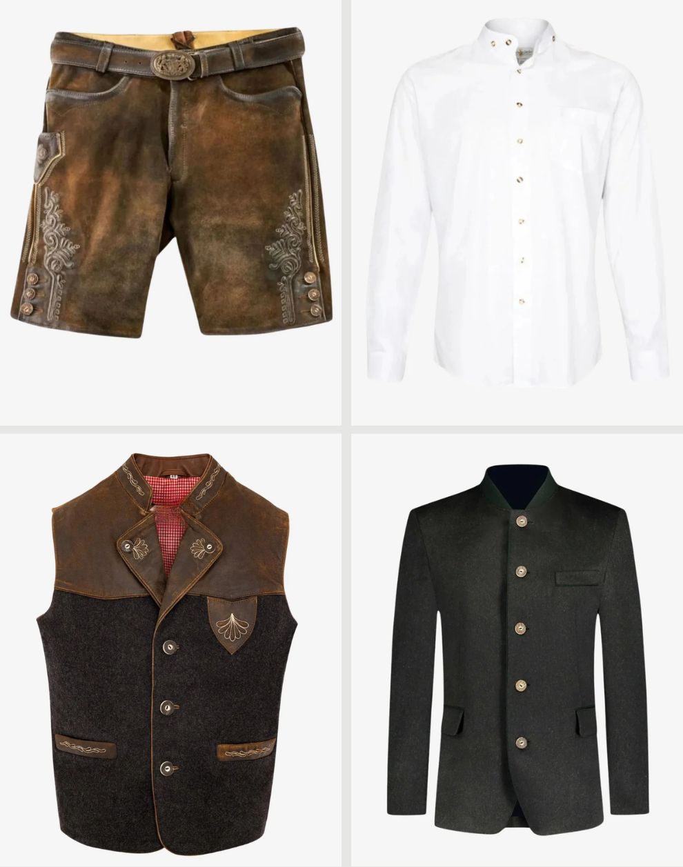 Collection of clothing items including shorts, shirt, vest, and coat on a white background