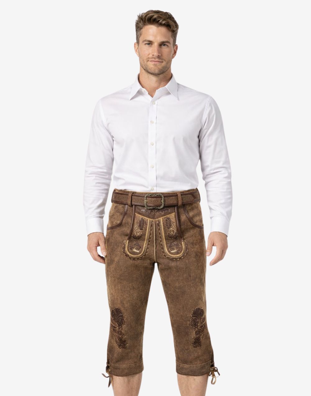Front view of model wearing premium Oktoberfest Bundhosen for men in brown leather with Bavarian embroidery and traditional knee tie details
