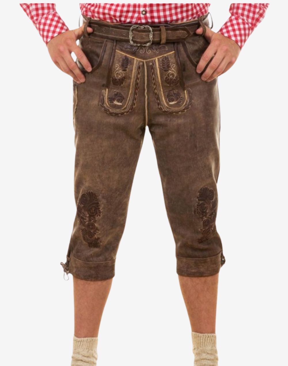Front wearing view of premium Oktoberfest bundhosen for men displaying authentic leather texture, embroidered panels and classic Bavarian fit
