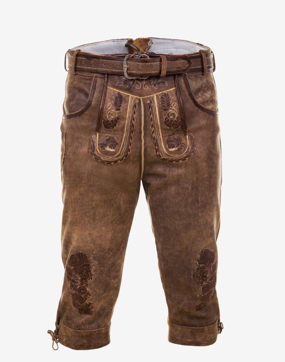 premium Oktoberfest bundhosen for men featuring brown leather finish, traditional embroidery and classic Bavarian knee-length design