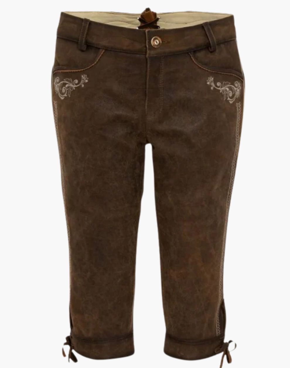 Brown leather pants with decorative stitching on a white background