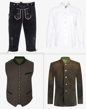 Collection of traditional German clothing items including pants, shirt, vest, and jacket on a white background.