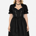 Front view of premium Oktoberfest dirndl dress worn by model featuring black bodice, lace-up front and traditional fit design